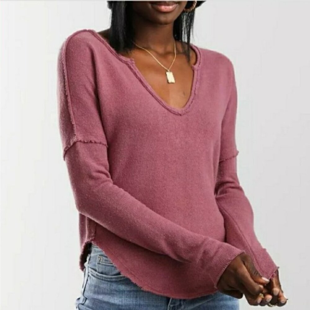 Free People We The Free Come & Get It V-Neck Top Size Large Plum Wine Diamonds
